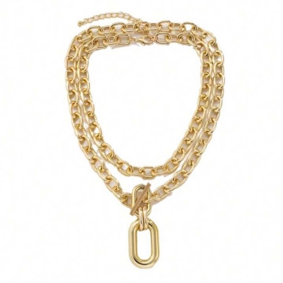 Gold Chain Toggle 2pc Pendant Necklace Set Layered Chunky Link Necklace - Picture 3 of 3